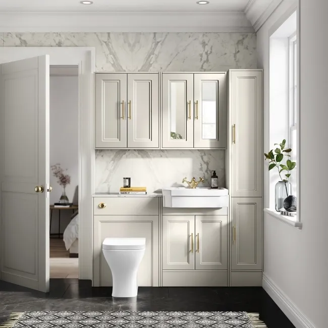 Monaco Chalk White Combination Vanity Traditional Basin with Marble Top & Atlanta Toilet 1200mm - Brass Knurled Handles