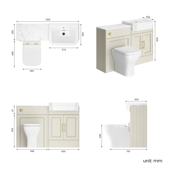 Monaco Chalk White Combination Vanity Traditional Basin with Marble Top & Atlanta Toilet 1200mm - Brass Knurled Handles