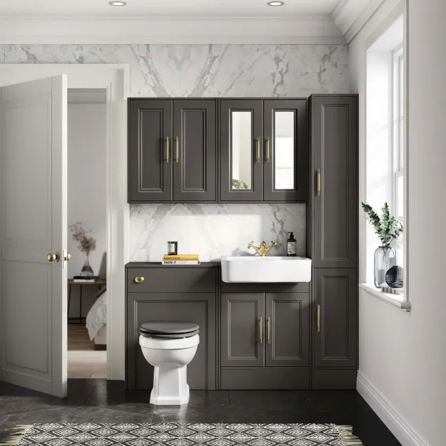 Monaco Graphite Grey Combination Vanity Basin and Hudson Toilet with Wooden Seat 1200mm - Brass Knurled Handles