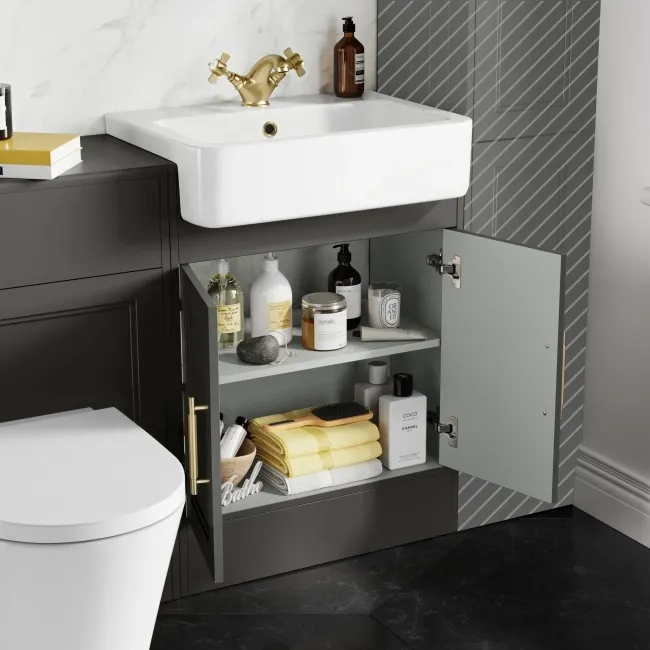 Monaco Graphite Grey Combination Vanity Basin and Boston Toilet 1200mm - Brass Knurled Handles
