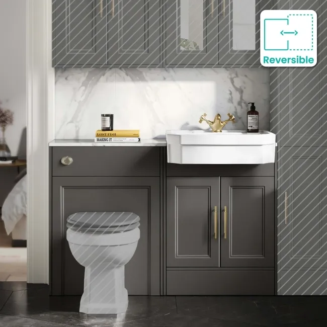 Monaco Graphite Grey Combination Vanity Traditional Basin with Marble Top 1200mm (Excludes Pan & Cistern) - Brass Knurled Handles