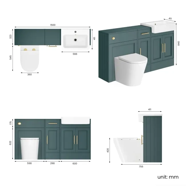 Monaco Midnight Green Combination Vanity Basin and Boston Toilet 1500mm - Brass Knurled Handles