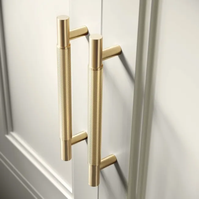 Lucia Chalk White Double Vanity with Oak Effect Top & Round Counter Top Basin 1200mm - Brass Knurled Handles