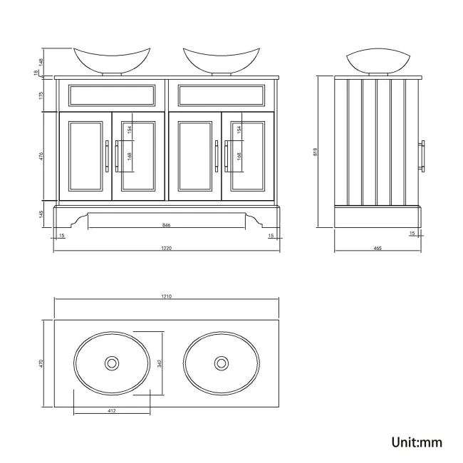 Lucia Chalk White Double Vanity with Oak Effect Top & Oval Counter Top Basin 1200mm - Brass Knurled Handles