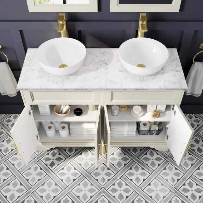 Lucia Chalk White Double Vanity with Marble Top & Round Counter Top Basin 1200mm - Brass Knurled Handles