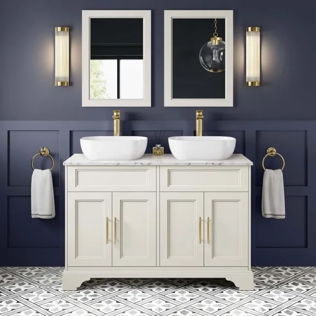 Lucia Chalk White Double Vanity with Marble Top & Curved Counter Top Basin 1200mm - Brass Knurled Handles