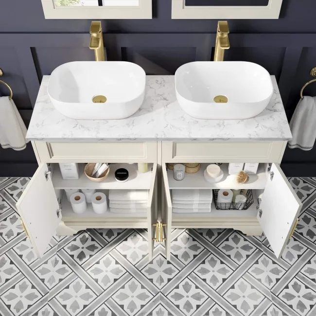 Lucia Chalk White Double Vanity with Marble Top & Curved Counter Top Basin 1200mm - Brass Knurled Handles