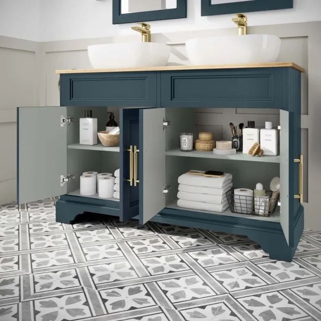 Lucia Inky Blue Double Vanity with Oak Effect Top & Curved Counter Top Basin 1200mm - Brass Knurled Handles