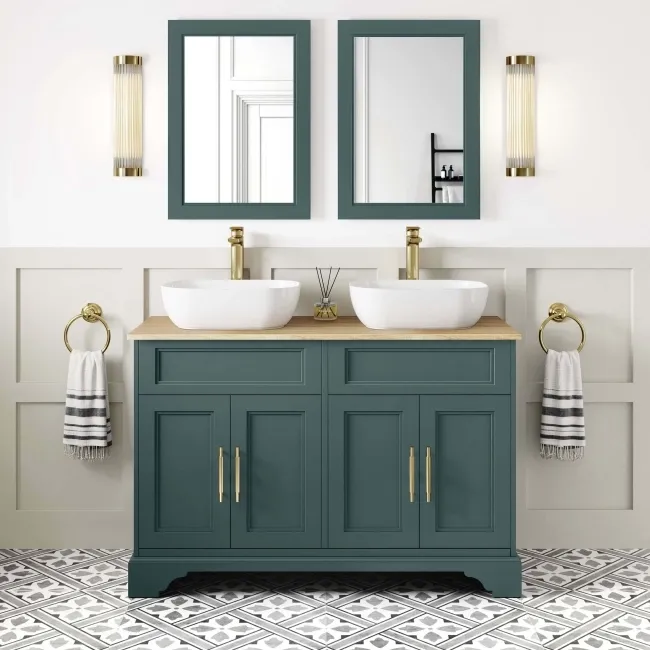 Lucia Midnight Green Double Vanity with Oak Effect Top & Curved Counter Top Basin 1200mm - Brass Knurled Handles