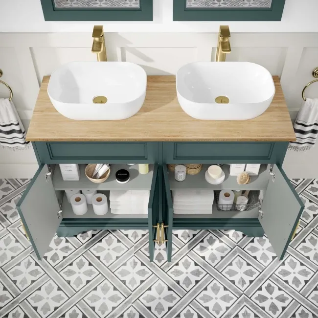 Lucia Midnight Green Double Vanity with Oak Effect Top & Curved Counter Top Basin 1200mm - Brass Knurled Handles