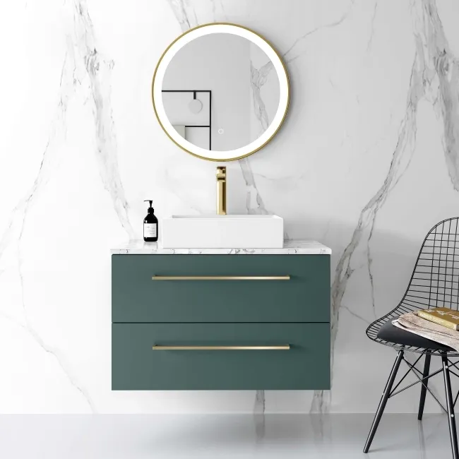 Elba Midnight Green Wall Hung Drawer Vanity with Marble Top & Cody Basin 800mm - Brushed Brass Accents