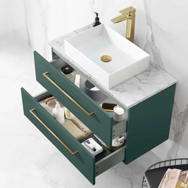 Elba Midnight Green Wall Hung Drawer Vanity with Marble Top & Cody Basin 800mm - Brushed Brass Accents