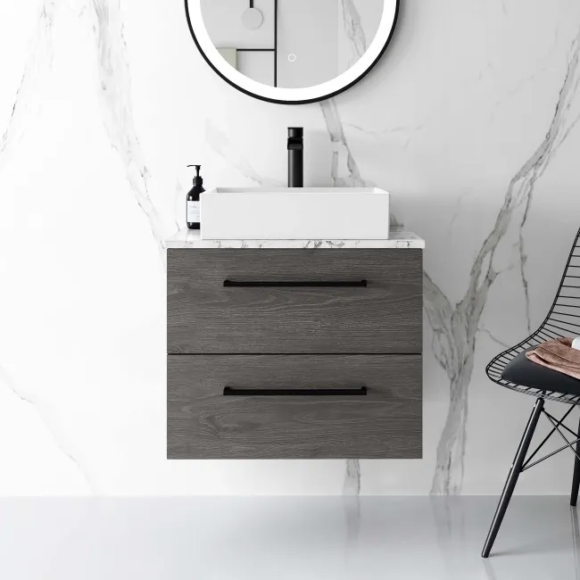 Elba Charcoal Elm Wall Hung Drawer Vanity with Marble Top & Cody Basin 600mm - Black Accents