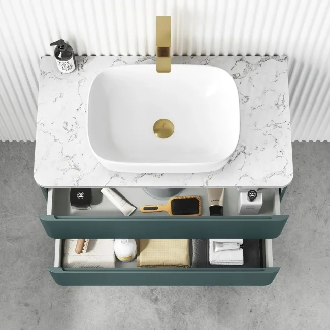 Corsica Midnight Green Wall Hung Drawer Vanity with Marble Top & Curved Counter Top Basin 800mm