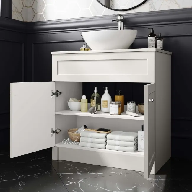 Milos Cotton White Vanity with Oval Basin 800mm - Chrome Handles