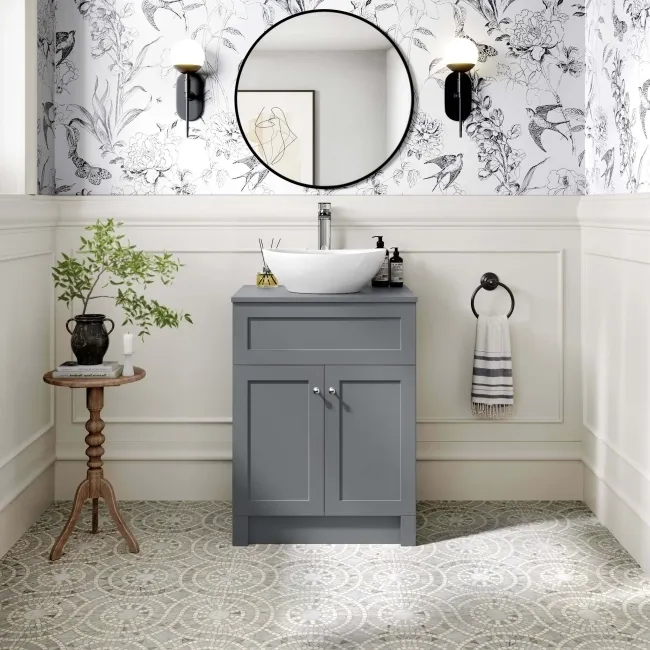 Milos Fog Grey Vanity with Oval Basin 600mm - Chrome Handles