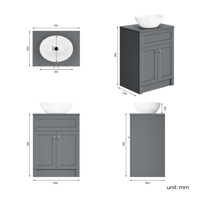 Milos Fog Grey Vanity with Oval Basin 600mm - Chrome Handles