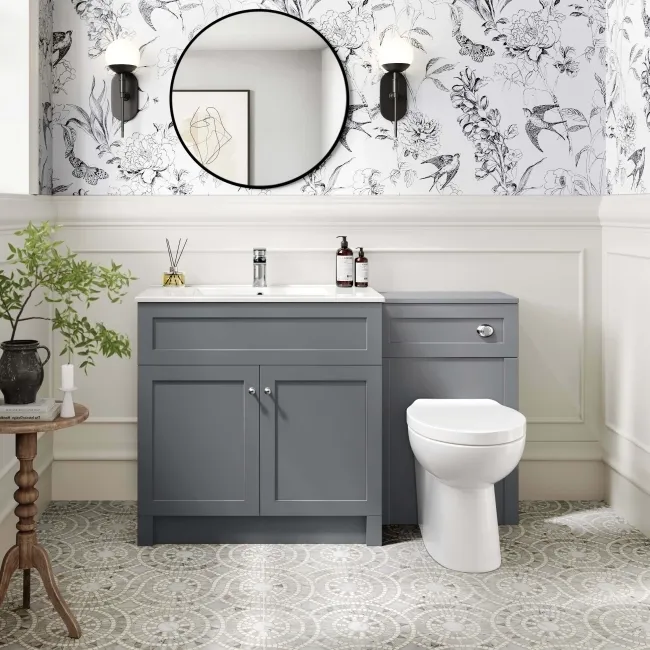 Milos Fog Grey Combination Vanity Basin and Austin Toilet 1300mm - Chrome Handles