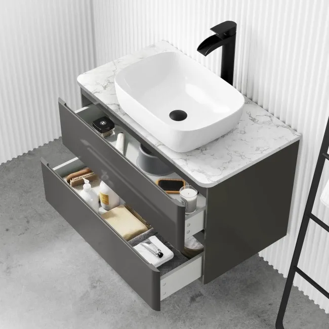 Corsica Tungsten Grey Wall Hung Drawer Vanity with Marble Top & Curved Counter Top Basin 800mm