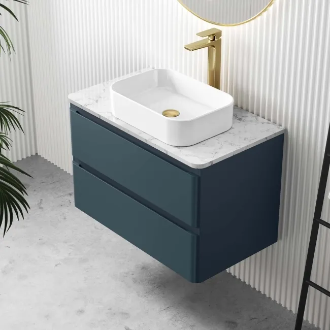 Corsica Inky Blue Wall Hung Drawer Vanity with Marble Top & Marin Basin 800mm