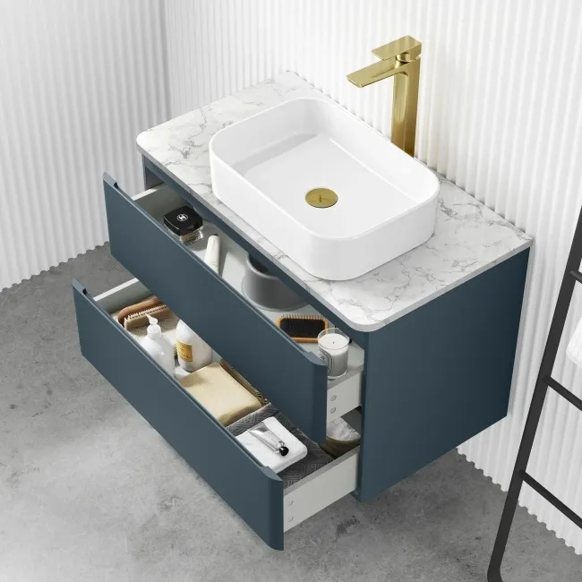 Corsica Inky Blue Wall Hung Drawer Vanity with Marble Top & Marin Basin 800mm