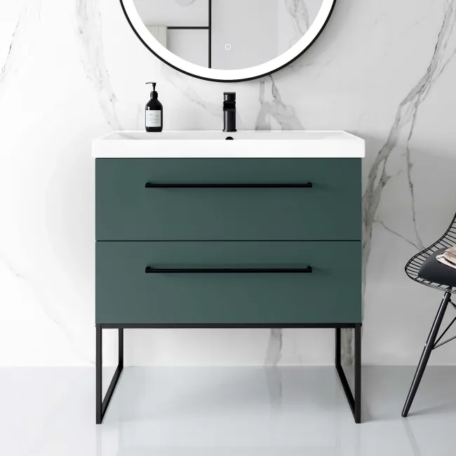 Elba Midnight Green Wall Hung Basin Drawer Vanity 800mm with Matt Black Stand