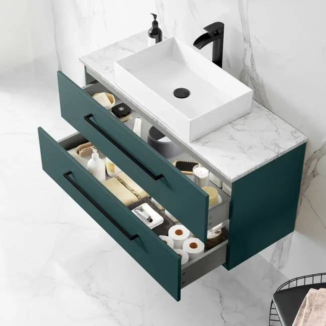 Elba Midnight Green Wall Hung Drawer Vanity with Marble Top & Cody Basin 1000mm - Black Accents