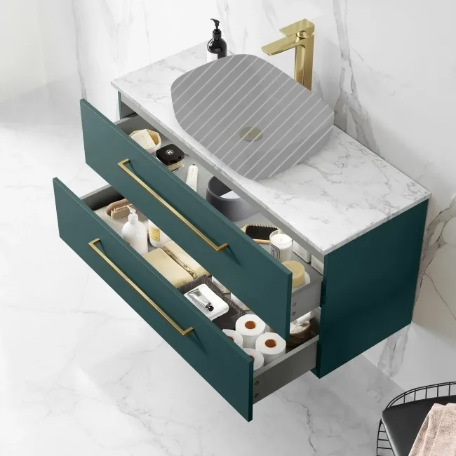 Elba Midnight Green Wall Hung Drawer Vanity 1000mm (Excludes Counter Top Basin) - Brushed Brass Accents