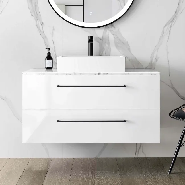 Elba Gloss White Wall Hung Drawer Vanity with Marble Top & Cody Basin 1000mm - Black Accents