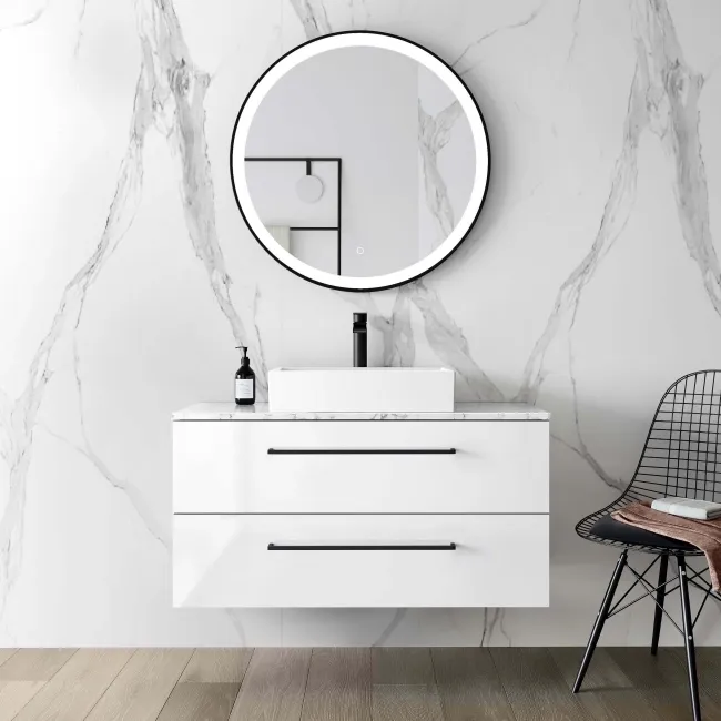 Elba Gloss White Wall Hung Drawer Vanity with Marble Top & Cody Basin 1000mm - Black Accents