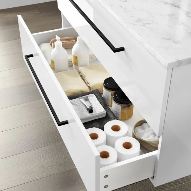 Elba Gloss White Wall Hung Drawer Vanity with Marble Top & Cody Basin 1000mm - Black Accents