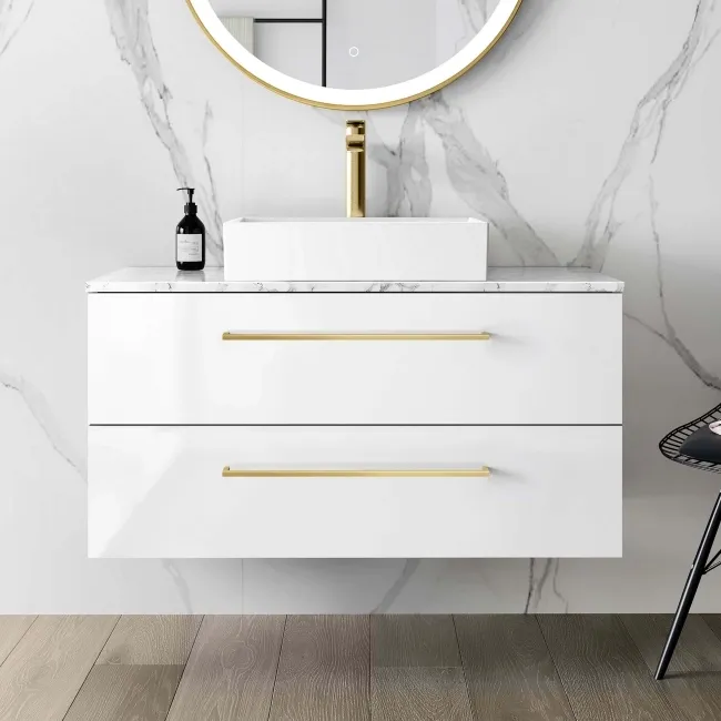 Elba Gloss White Wall Hung Drawer Vanity with Marble Top & Cody Basin 1000mm - Brushed Brass Accents