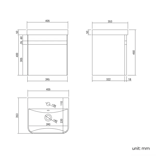 Corsica Gloss White Wall Hung Slimline Basin Vanity 400mm