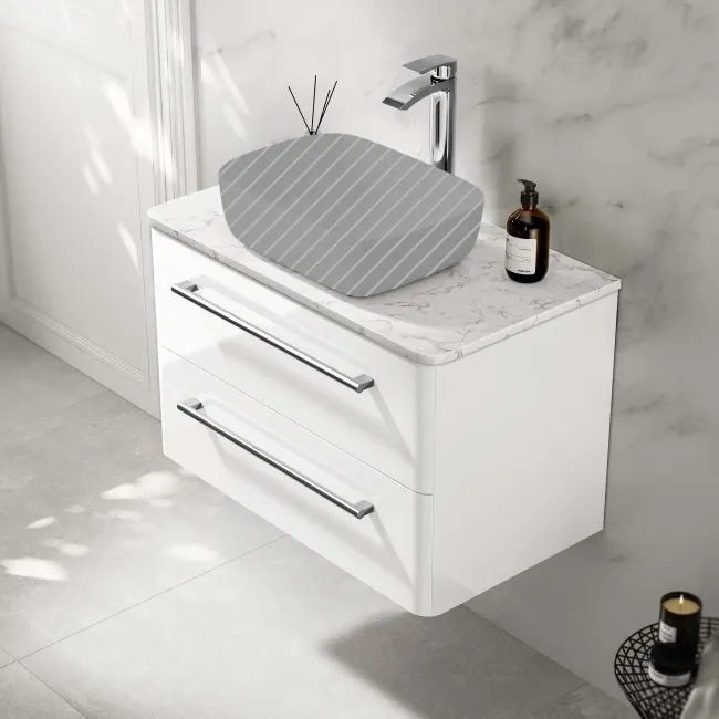 Omaha Gloss White Wall Hung Drawer Vanity with Marble Top 800mm - Excludes Counter Top Basin