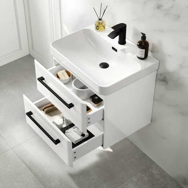 Omaha Gloss White Wall Hung Basin Drawer Vanity 600mm - Black Accents