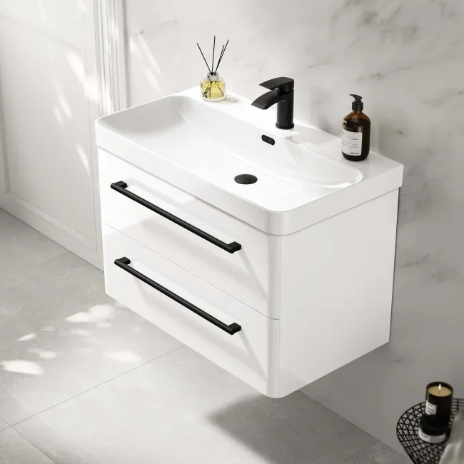 Omaha Gloss White Wall Hung Basin Drawer Vanity 800mm - Black Accents