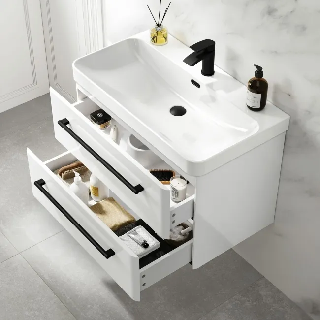 Omaha Gloss White Wall Hung Basin Drawer Vanity 800mm - Black Accents