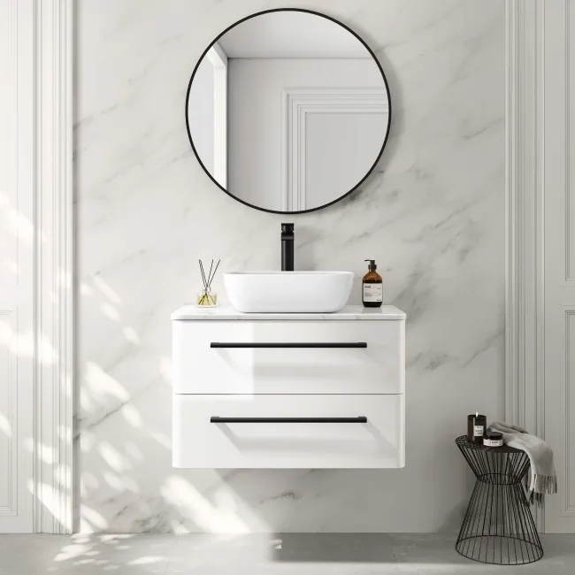 Omaha Gloss White Wall Hung Drawer Vanity with Marble Top & Curved Counter Top Basin 800mm - Black Accents