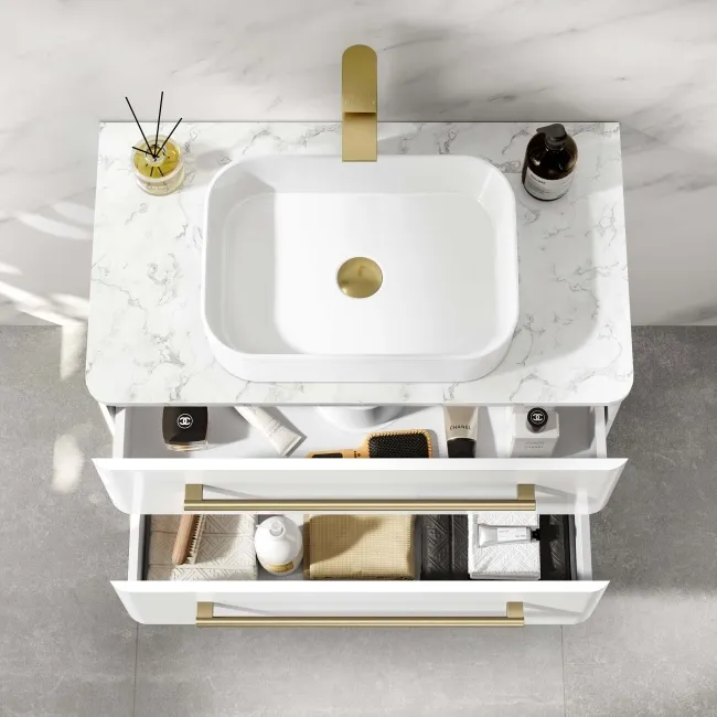 Omaha Gloss White Wall Hung Drawer Vanity with Marble Top & Marin Basin 800mm - Brushed Brass Accents