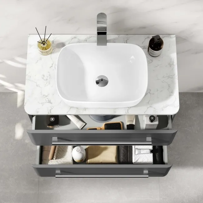 Omaha Slate Grey Wall Hung Drawer Vanity with Marble Top & Curved Counter Top Basin 800mm