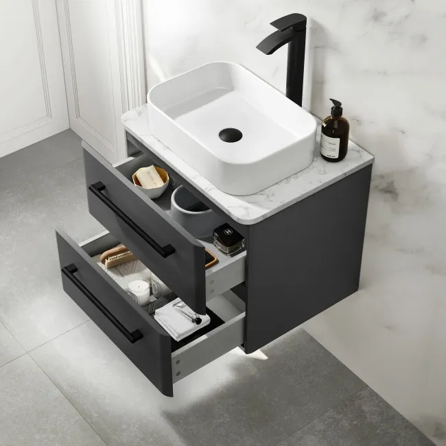 Omaha Slate Grey Wall Hung Drawer Vanity with Marble Top & Marin Basin 600mm - Black Accents