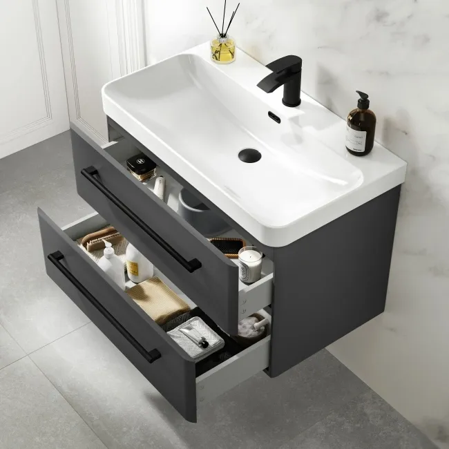 Omaha Slate Grey Wall Hung Basin Drawer Vanity 800mm - Black Accents