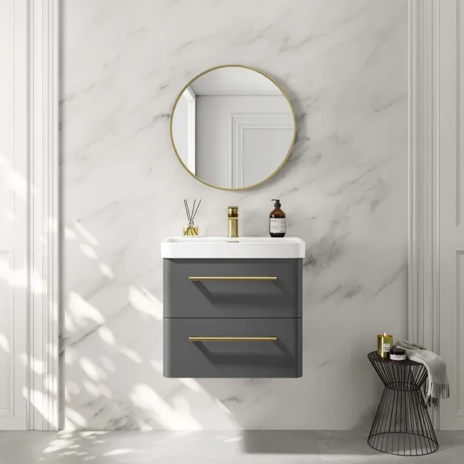 Omaha Slate Grey Wall Hung Basin Drawer Vanity 600mm - Brushed Brass Accents