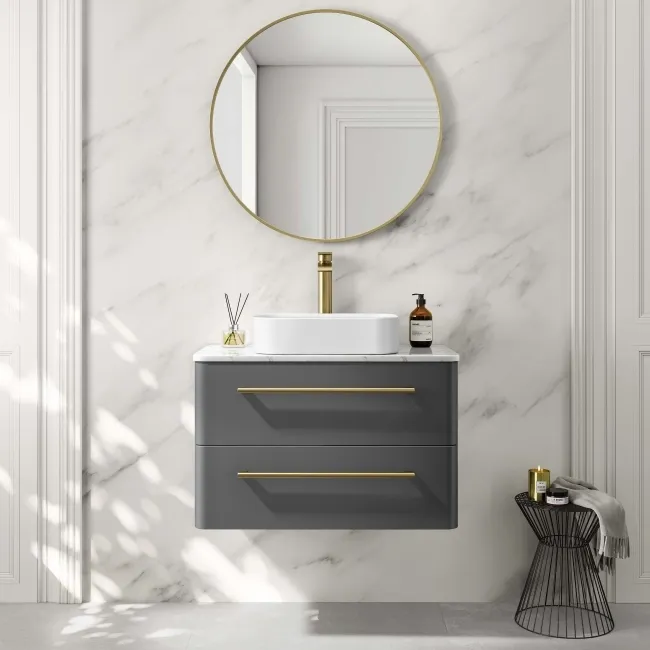 Omaha Slate Grey Wall Hung Drawer Vanity with Marble Top & Marin Basin 800mm - Brushed Brass Accents