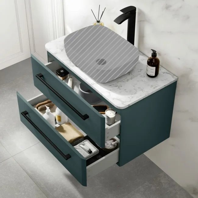 Omaha Mystic Green Wall Hung Drawer Vanity with Marble Top 800mm (Excludes Counter Top Basin) - Black Accents