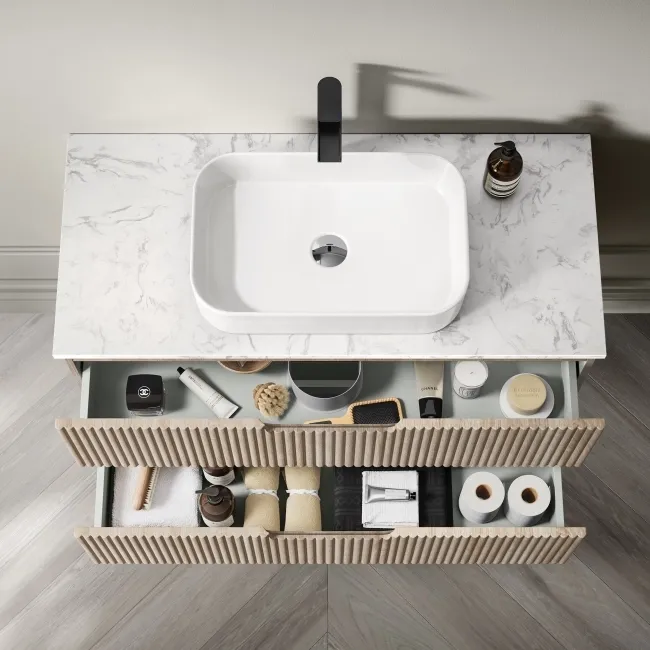 Crete Fluted Apex Oak Wall Hung Drawer Vanity with Marble Top & Marin Basin 1000mm