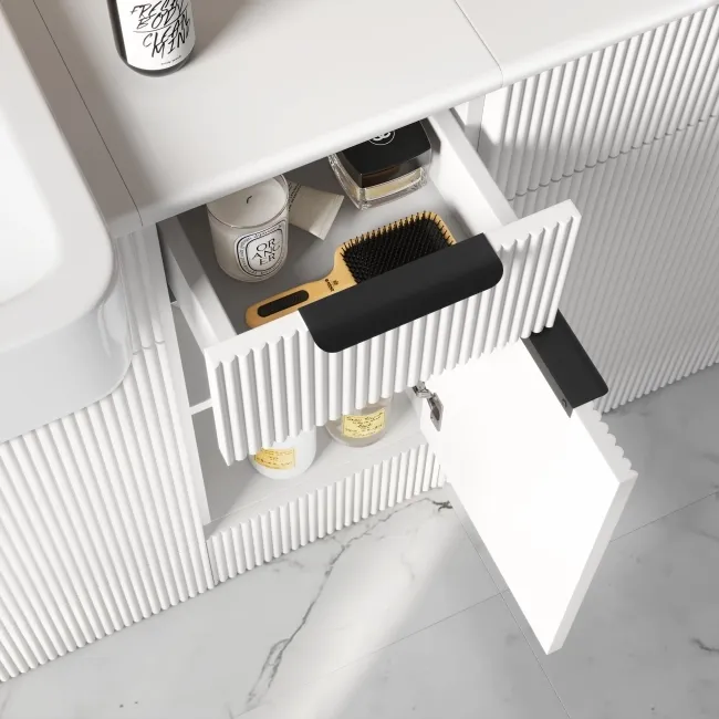 Sicily Fluted Coastal White Side Cabinet Unit 300mm - Black Accents