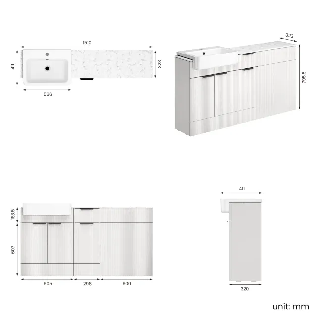 Sicily Fluted Coastal White Combination Vanity Basin with Marble Top 1500mm (Excludes Toilet) - Black Accents