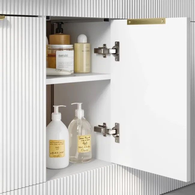 Sicily Fluted Coastal White Side Cabinet Unit 300mm - Brushed Brass Accents