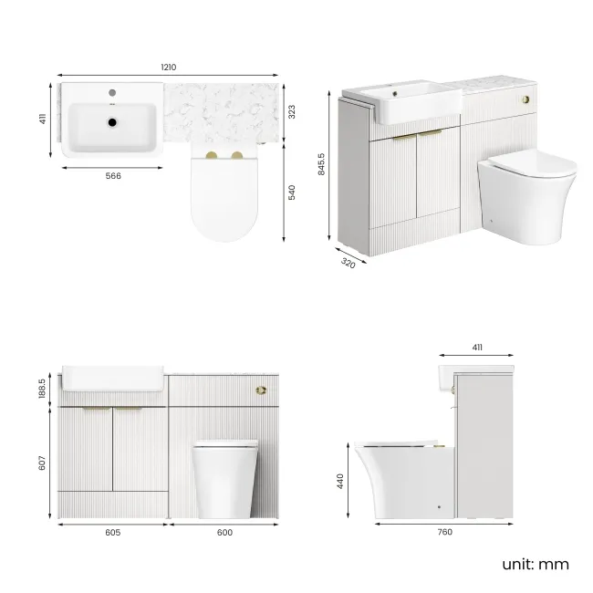 Sicily Fluted Coastal White Combination Vanity Basin with Marble Top & Tucson Toilet 1200mm - Brushed Brass Accents